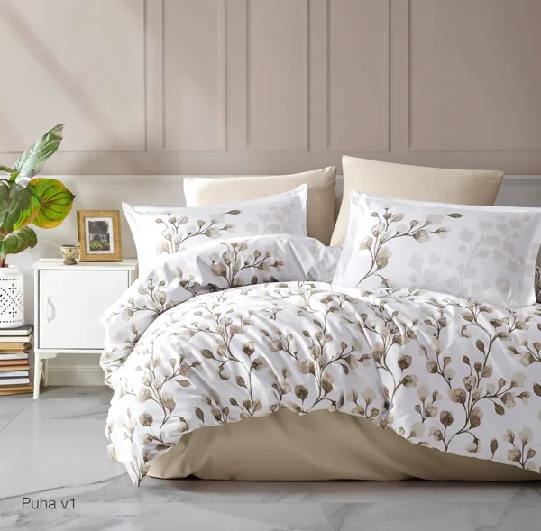 Satīns de Luxe/PUHA/
palags 240x260 cm/virspalags 200x220 cm un 4 gab spilvendrānas 50x70 cm/100% kokvilnas satīns&nbsp;/108 eur